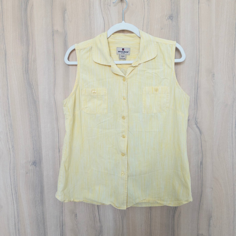 Woolrich Womens Sleeveless Button Down Blouse L Butter Yellow Cotton Preppy